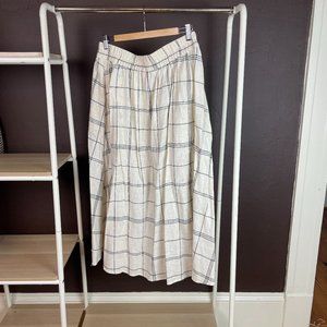 Windowpane A-line Linen Midi Skirt, cream and black, Size L